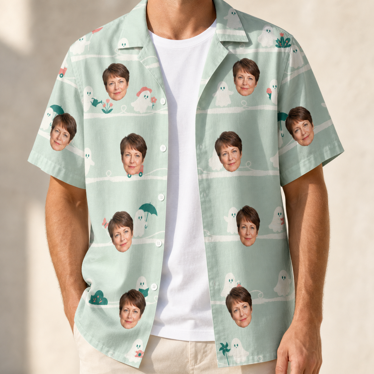 Man wearing Men's Ghostly Goofballs Custom Face Hawaiian Shirt open over a white tee