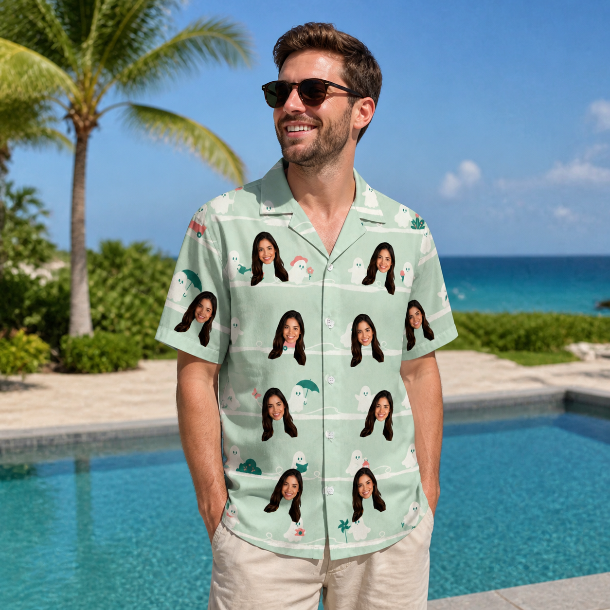 Real-life photo of someone wearing Men's Ghostly Goofballs Custom Face Hawaiian Shirt — custom faces printed all-over