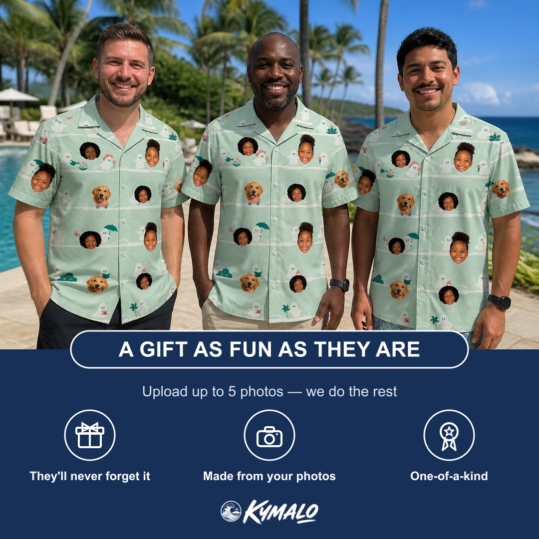 Friends in matching Men's Ghostly Goofballs Custom Face Hawaiian Shirt — a group gift photo