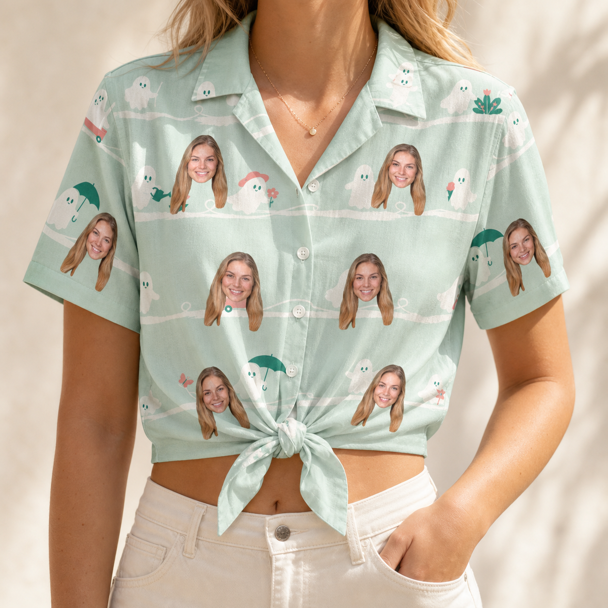 Woman wearing Women's Ghostly Goofballs Custom Face Hawaiian Shirt tied at the waist