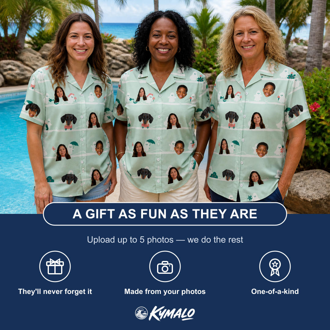 Friends in matching Women's Ghostly Goofballs Custom Face Hawaiian Shirt — a group gift photo