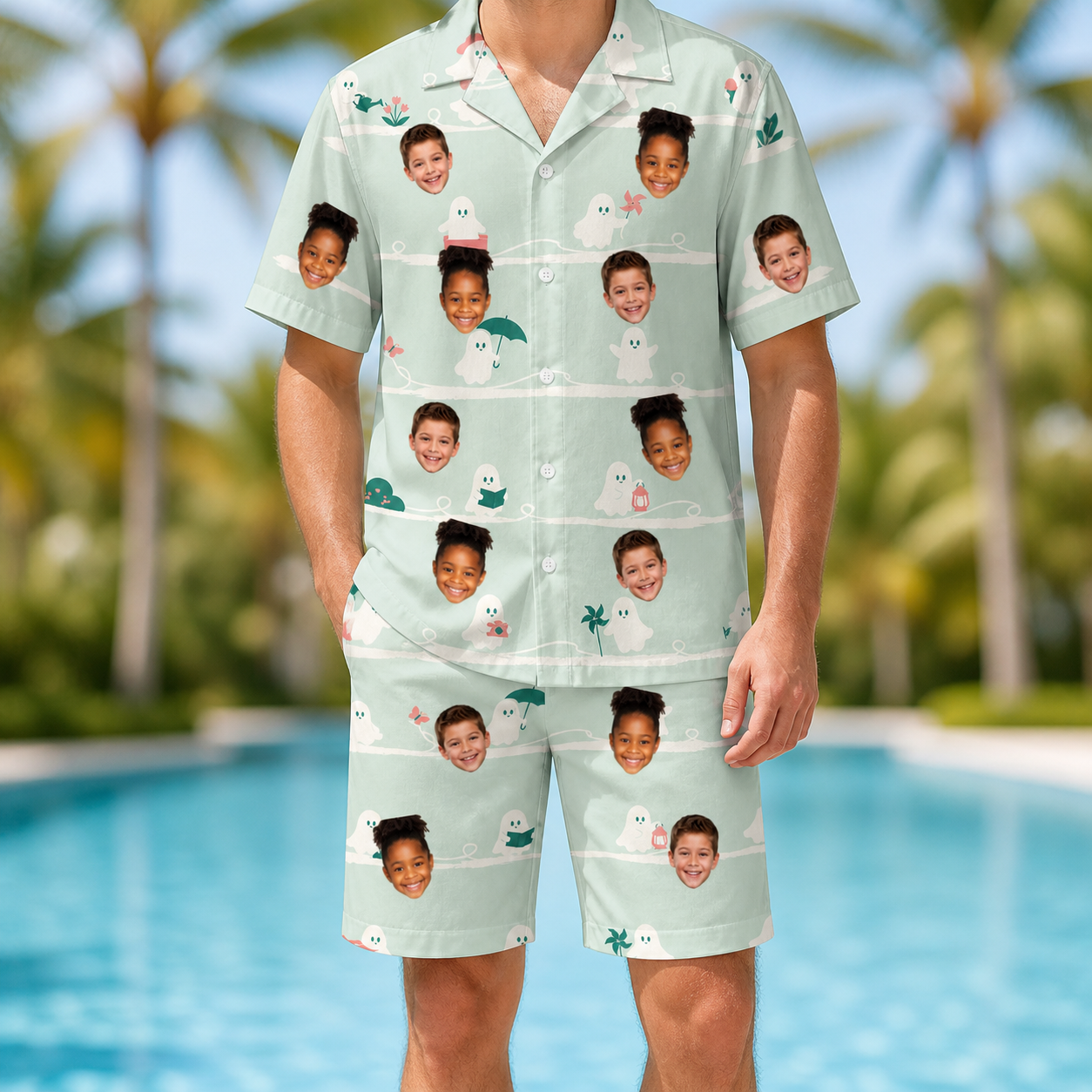Model wearing Men's Ghostly Goofballs Custom Face Shirt & Shorts Set printed with kids' faces