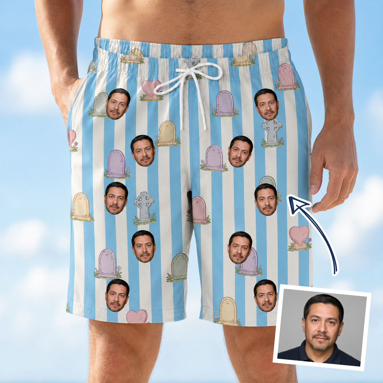 Man wearing Men's Mausoleum Mirth Custom Face Beach Shorts — custom faces printed all-over