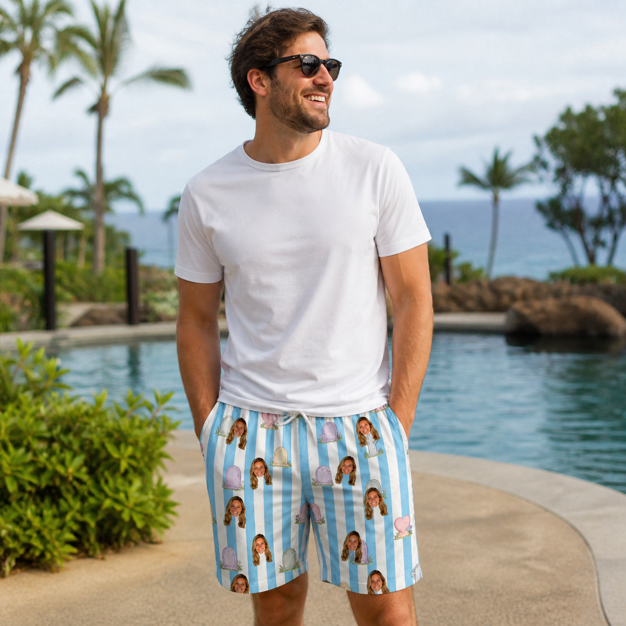 Real-life photo of someone wearing Men's Mausoleum Mirth Custom Face Beach Shorts — custom faces printed all-over
