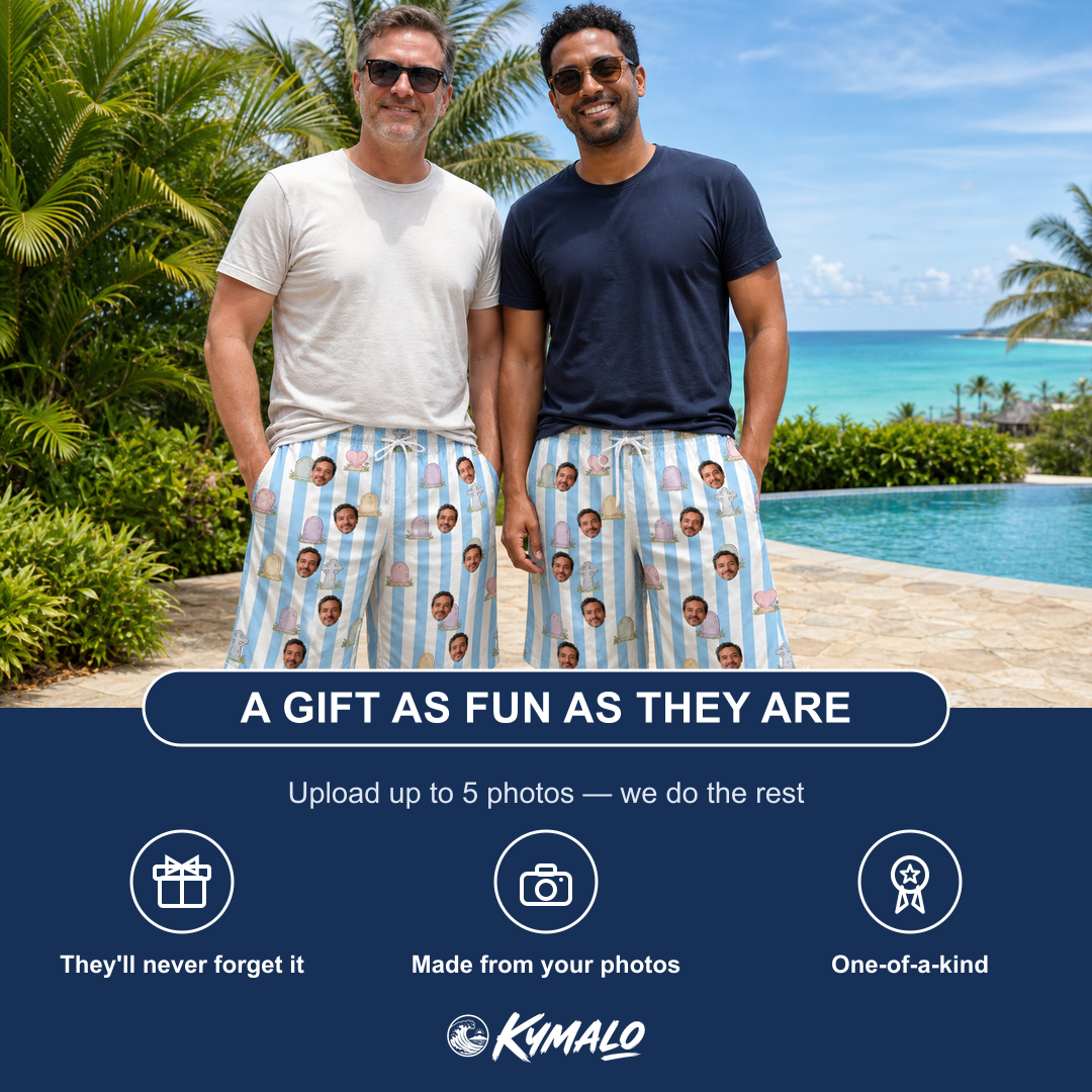 Friends in matching Men's Mausoleum Mirth Custom Face Beach Shorts — a group gift photo