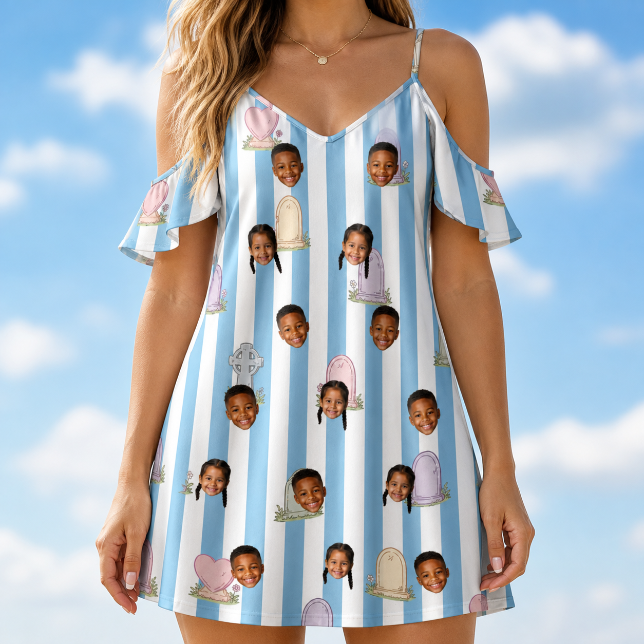 Model wearing Women's Mausoleum Mirth Custom Face Off-Shoulder Dress printed with kids' faces