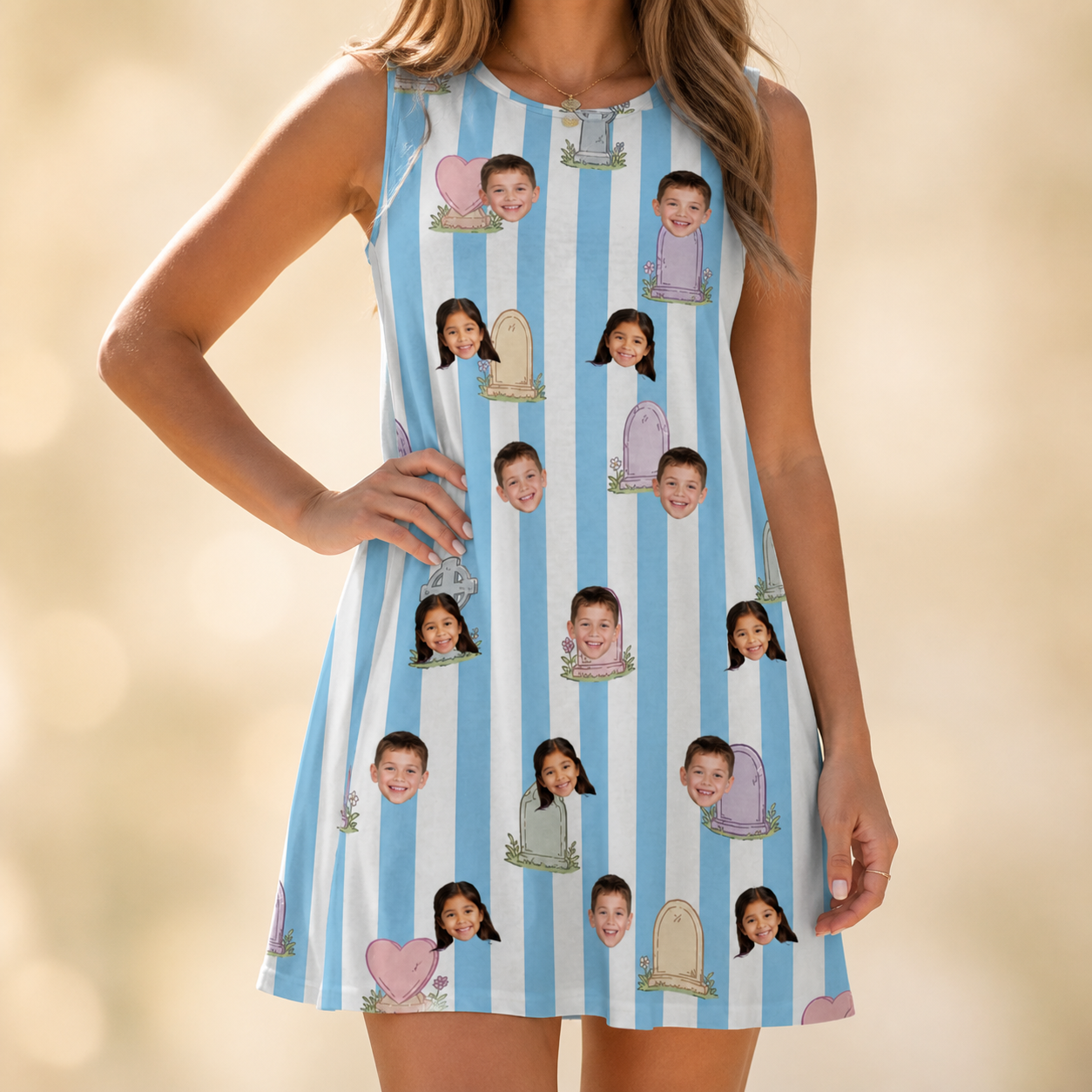Model wearing Women's Mausoleum Mirth Custom Face Tank Dress printed with kids' faces