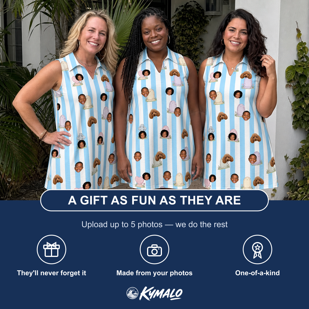 Friends in matching Women's Mausoleum Mirth Custom Face V-Neck Dress — a group gift photo