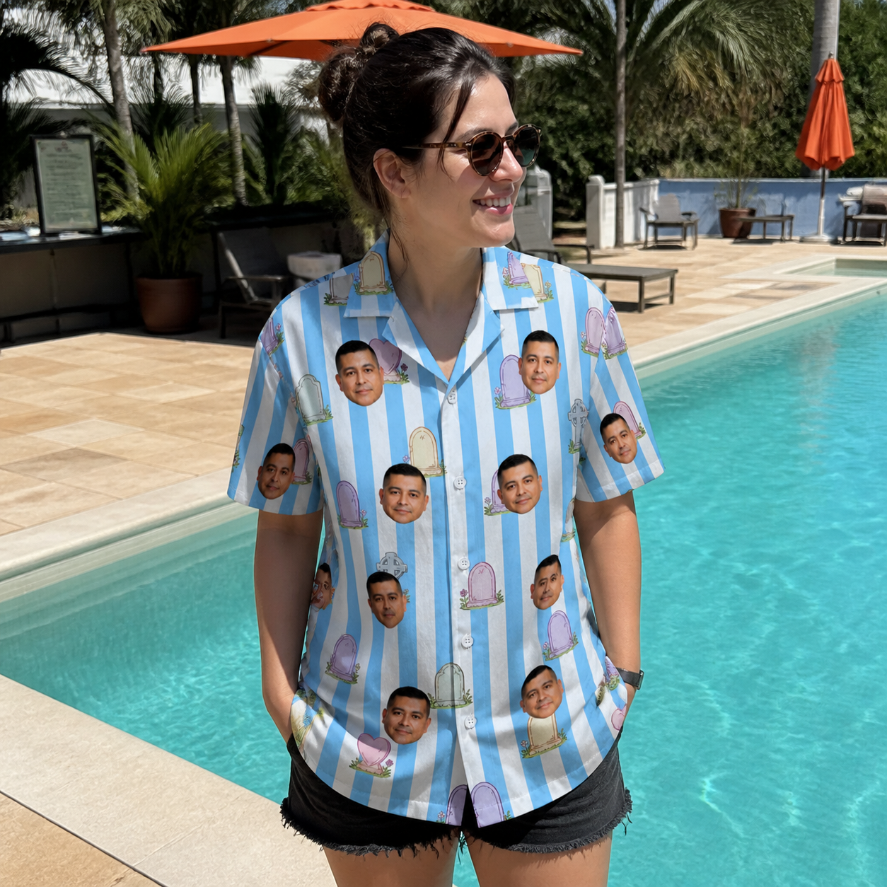 Real-life photo of someone wearing Women's Mausoleum Mirth Custom Face Hawaiian Shirt — custom faces printed all-over