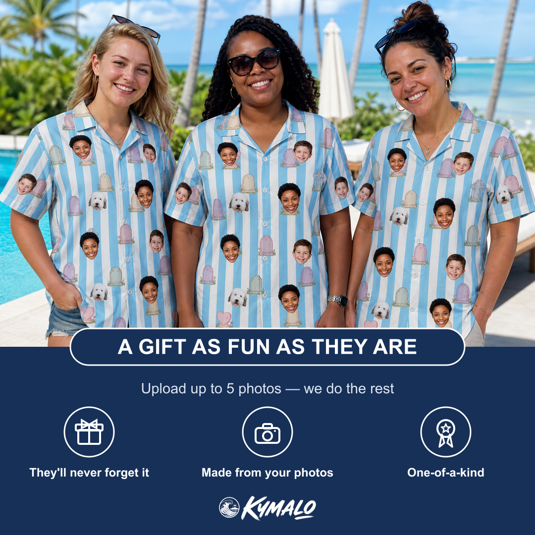 Friends in matching Women's Mausoleum Mirth Custom Face Hawaiian Shirt — a group gift photo