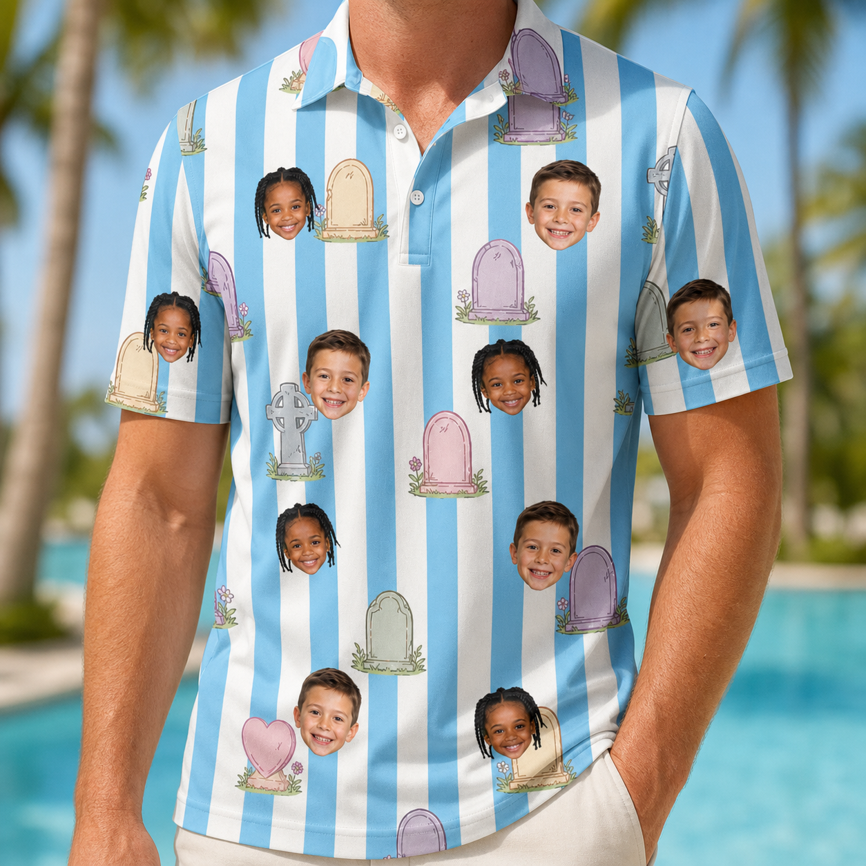 Model wearing Men's Mausoleum Mirth Custom Face Polo Shirt printed with kids' faces