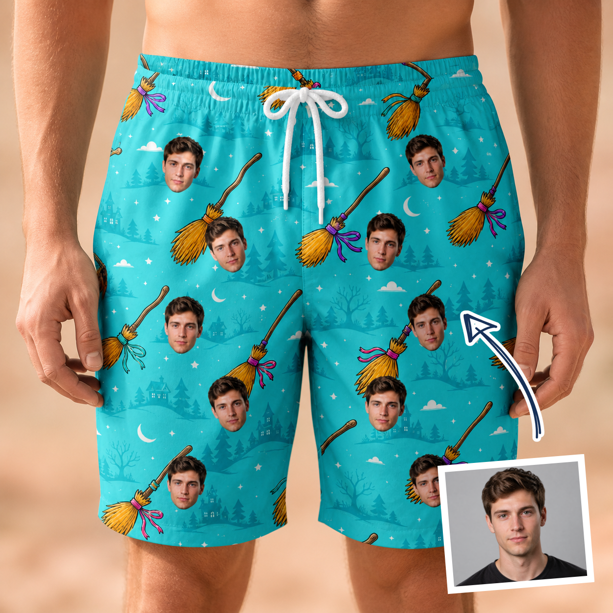 Man wearing Men's Broom Zoom Custom Face Beach Shorts — custom faces printed all-over