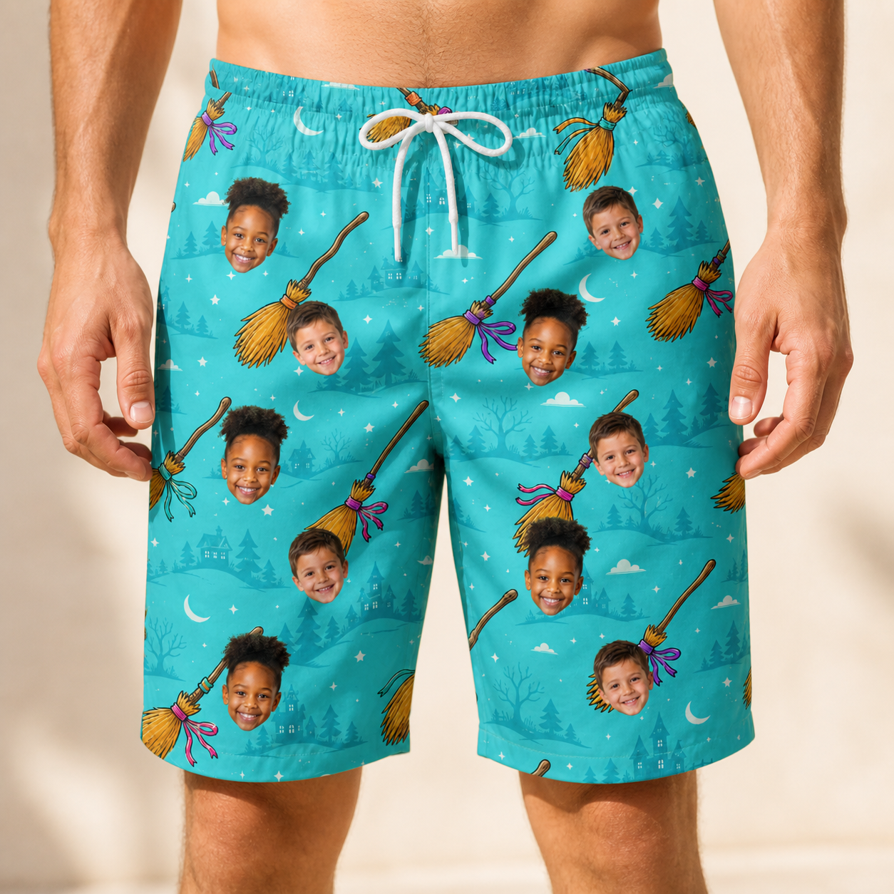 Model wearing Men's Broom Zoom Custom Face Beach Shorts printed with kids' faces