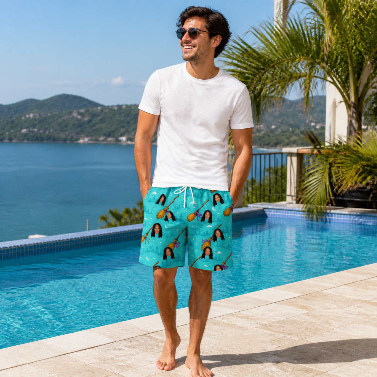 Real-life photo of someone wearing Men's Broom Zoom Custom Face Beach Shorts — custom faces printed all-over