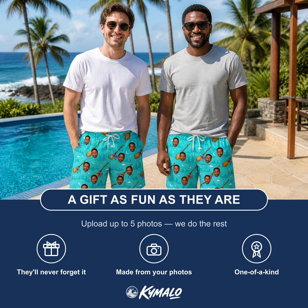 Friends in matching Men's Broom Zoom Custom Face Beach Shorts — a group gift photo
