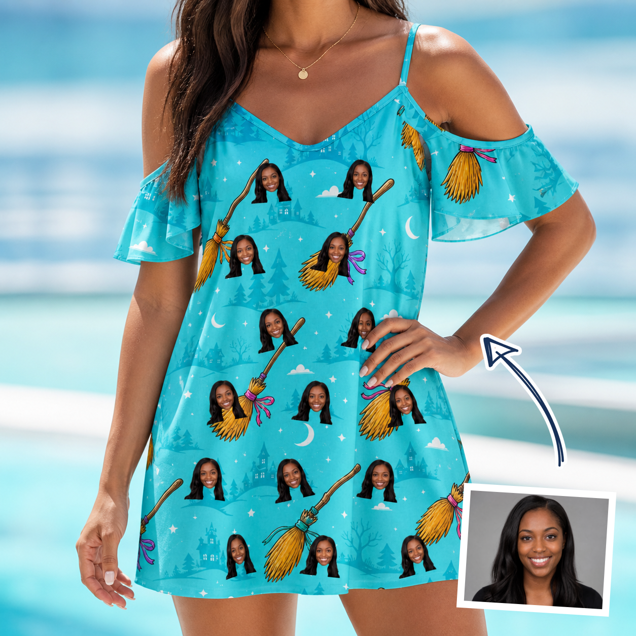 Woman wearing Women's Broom Zoom Custom Face Off-Shoulder Dress — custom faces printed all-over