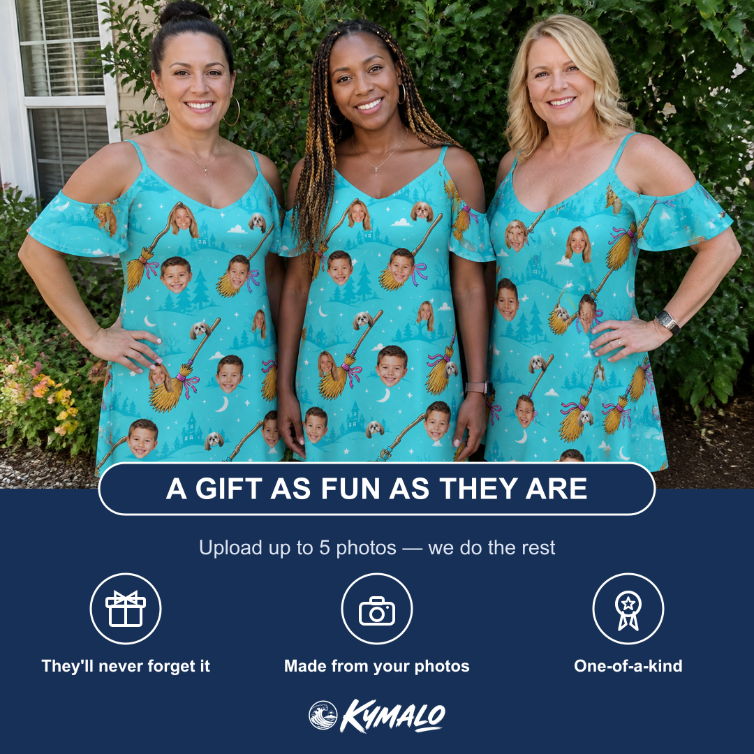 Friends in matching Women's Broom Zoom Custom Face Off-Shoulder Dress — a group gift photo