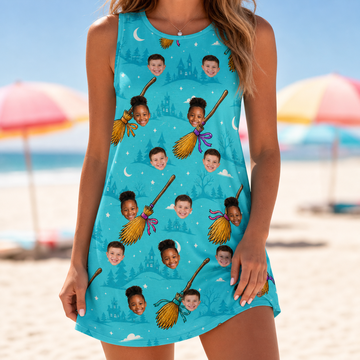 Model wearing Women's Broom Zoom Custom Face Tank Dress printed with kids' faces