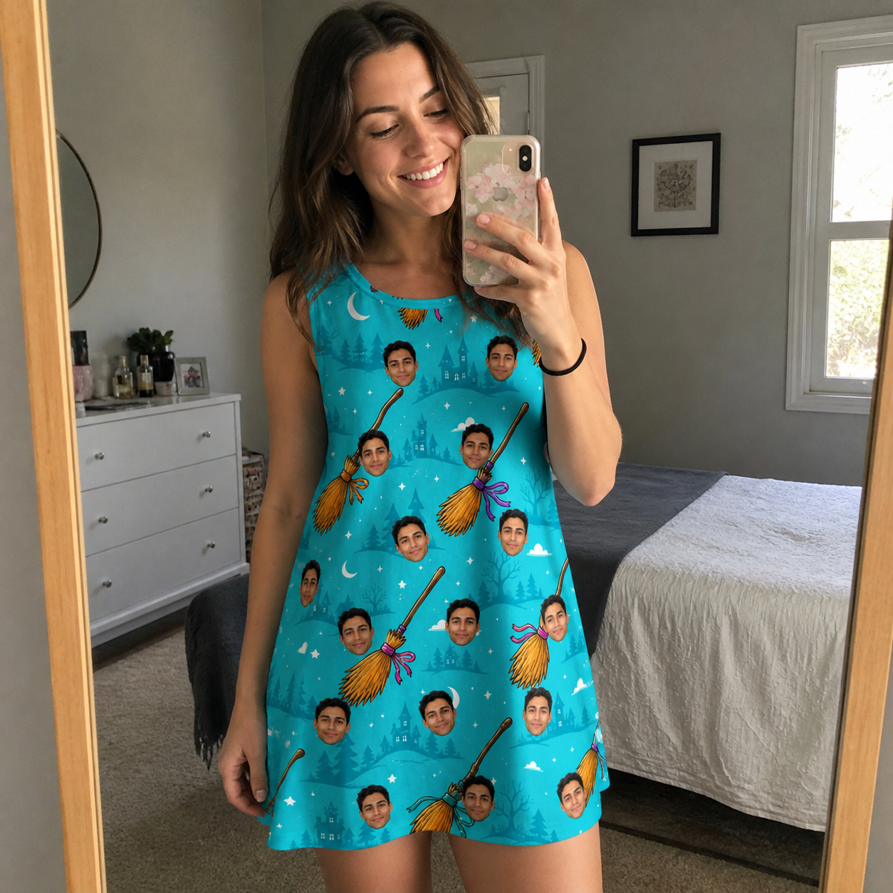 Real-life photo of someone wearing Women's Broom Zoom Custom Face Tank Dress — custom faces printed all-over