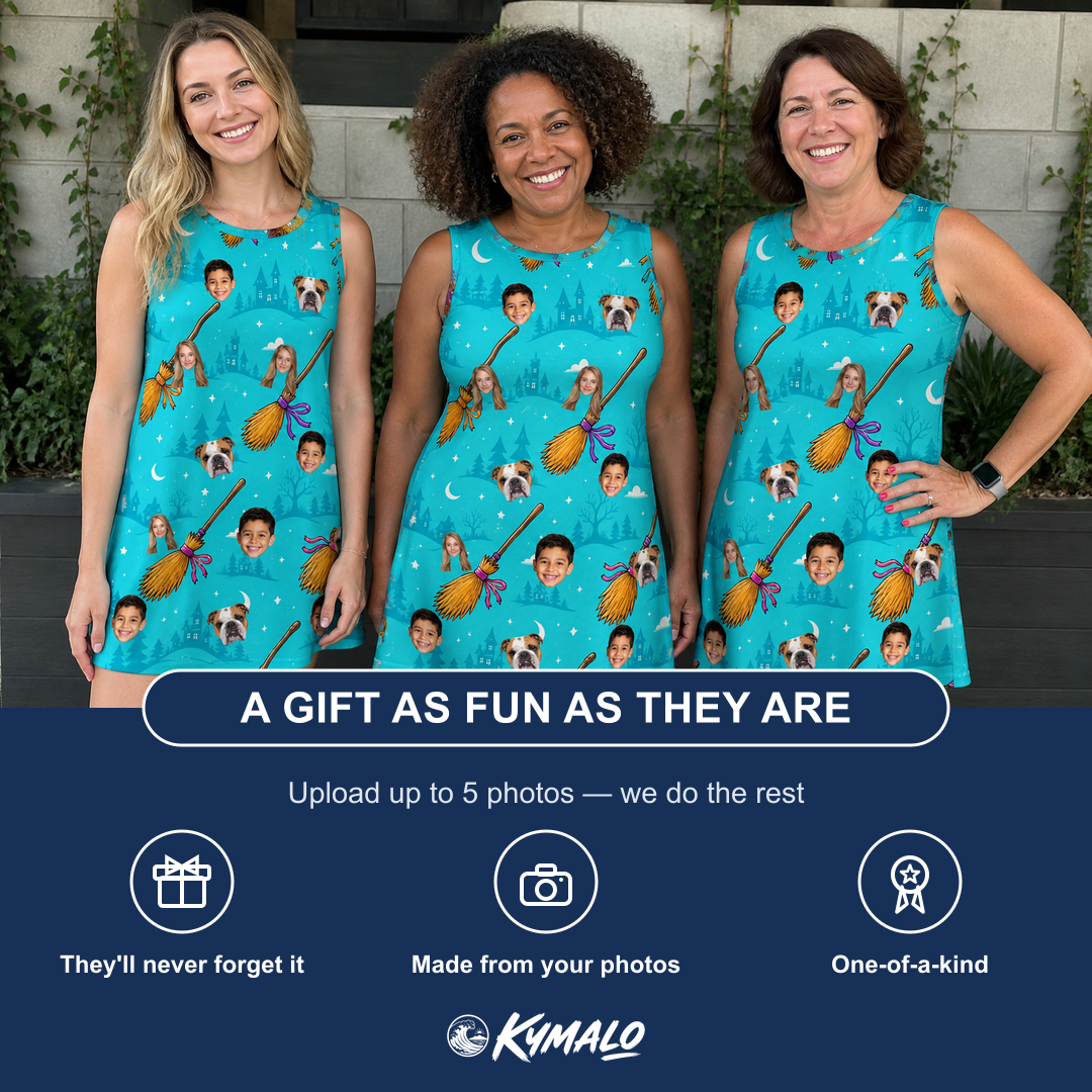 Friends in matching Women's Broom Zoom Custom Face Tank Dress — a group gift photo