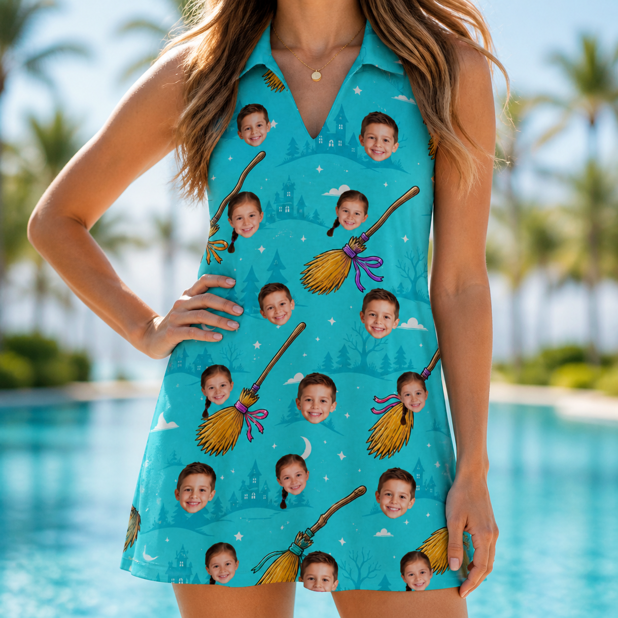 Model wearing Women's Broom Zoom Custom Face V-Neck Dress printed with kids' faces
