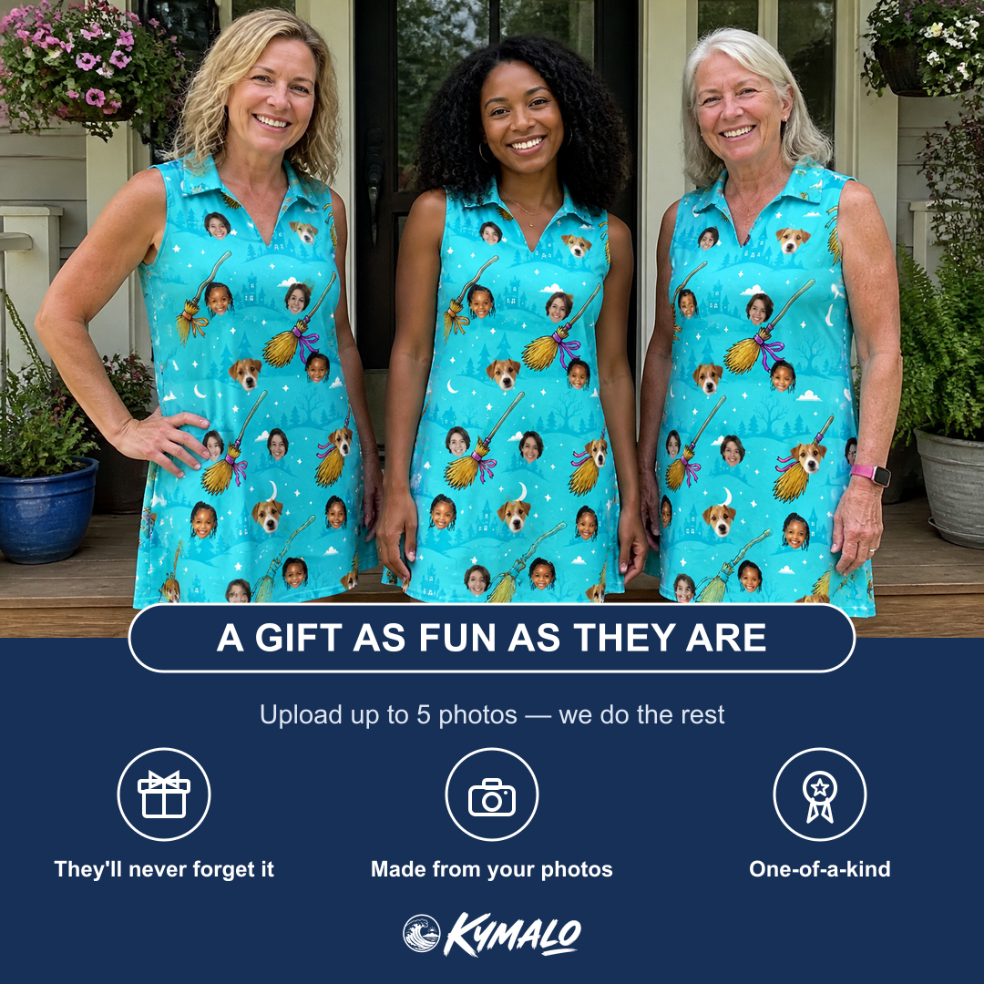 Friends in matching Women's Broom Zoom Custom Face V-Neck Dress — a group gift photo