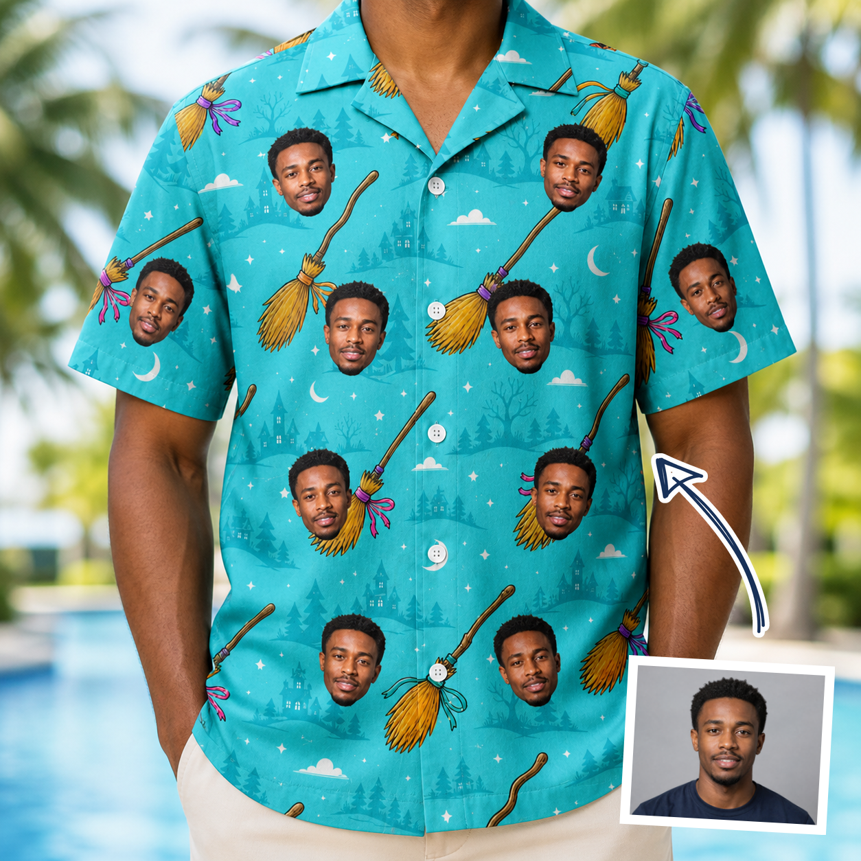 Man wearing Men's Broom Zoom Custom Face Hawaiian Shirt — custom faces printed all-over