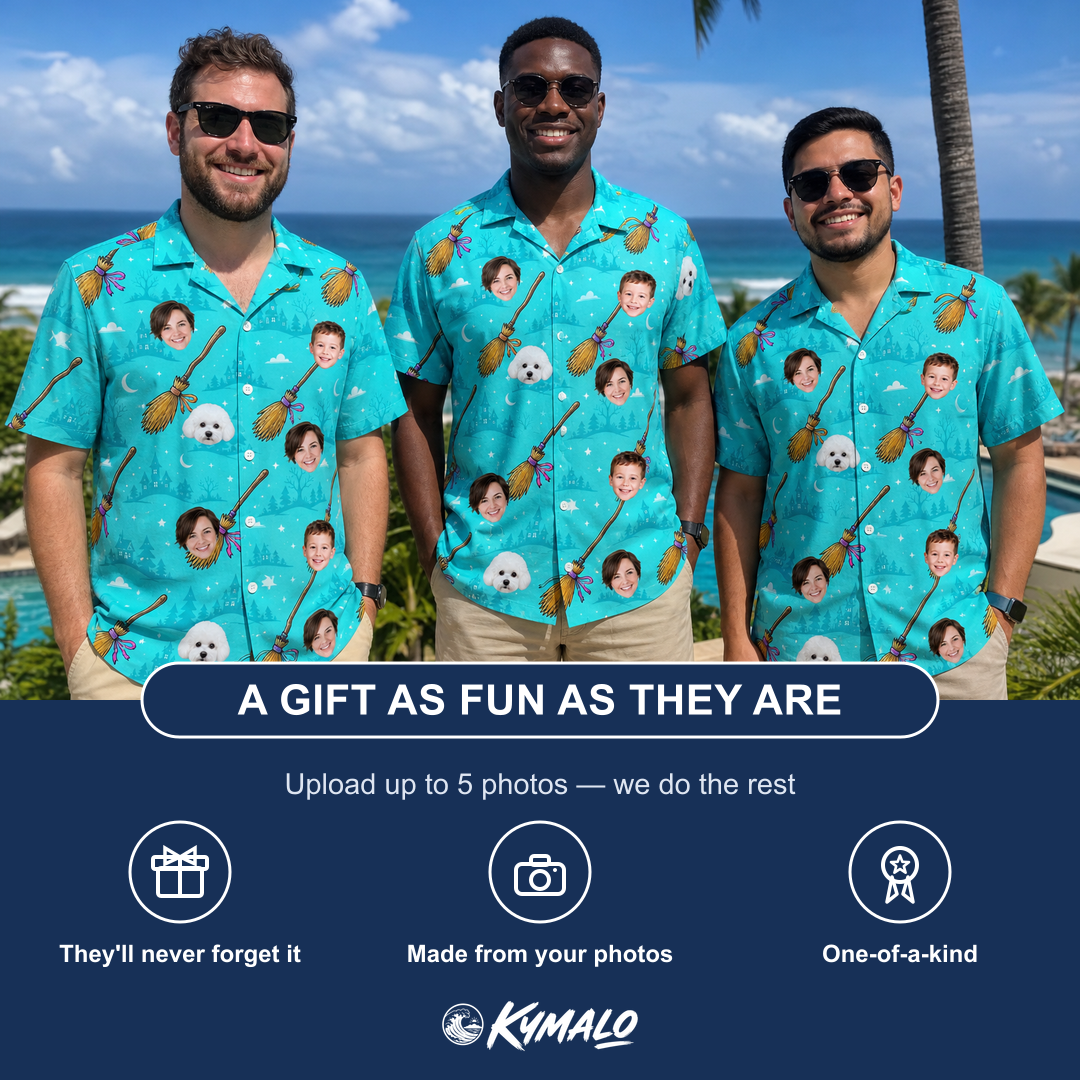 Friends in matching Men's Broom Zoom Custom Face Hawaiian Shirt — a group gift photo
