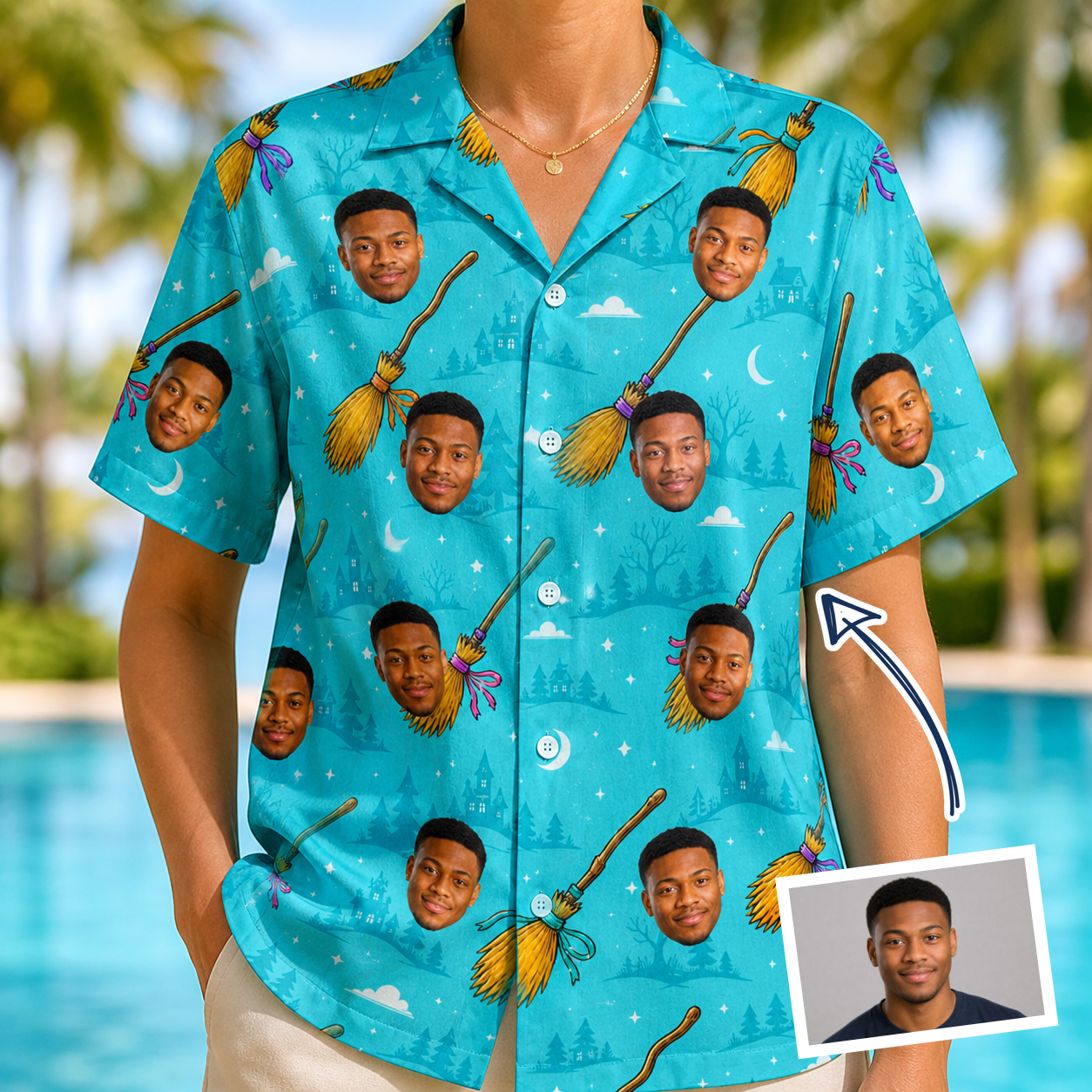 Woman wearing Women's Broom Zoom Custom Face Hawaiian Shirt — custom faces printed all-over