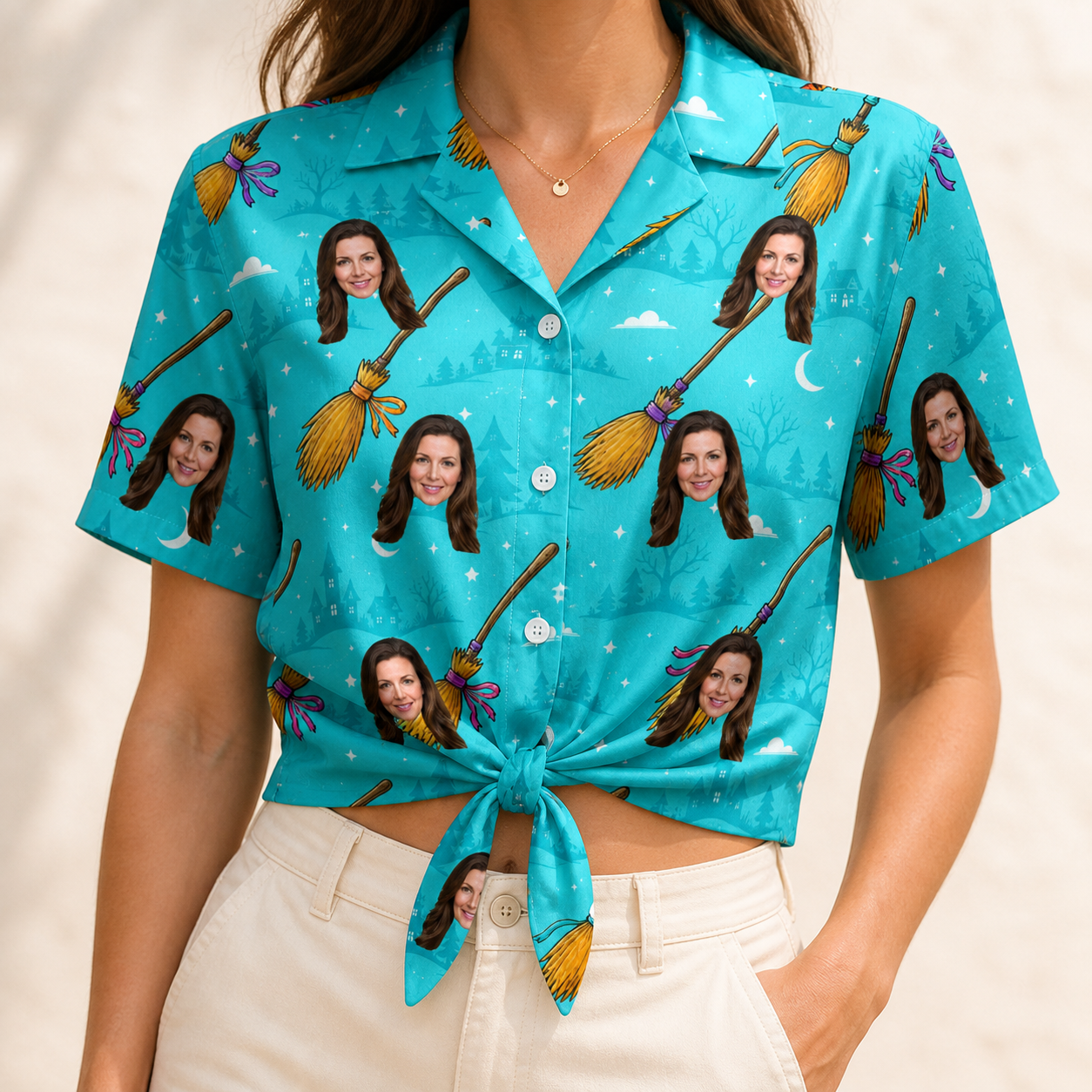 Woman wearing Women's Broom Zoom Custom Face Hawaiian Shirt tied at the waist