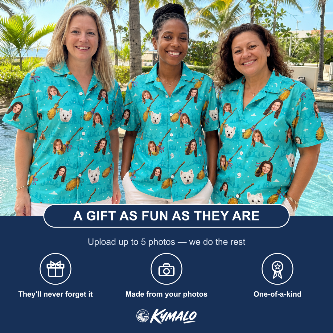 Friends in matching Women's Broom Zoom Custom Face Hawaiian Shirt — a group gift photo