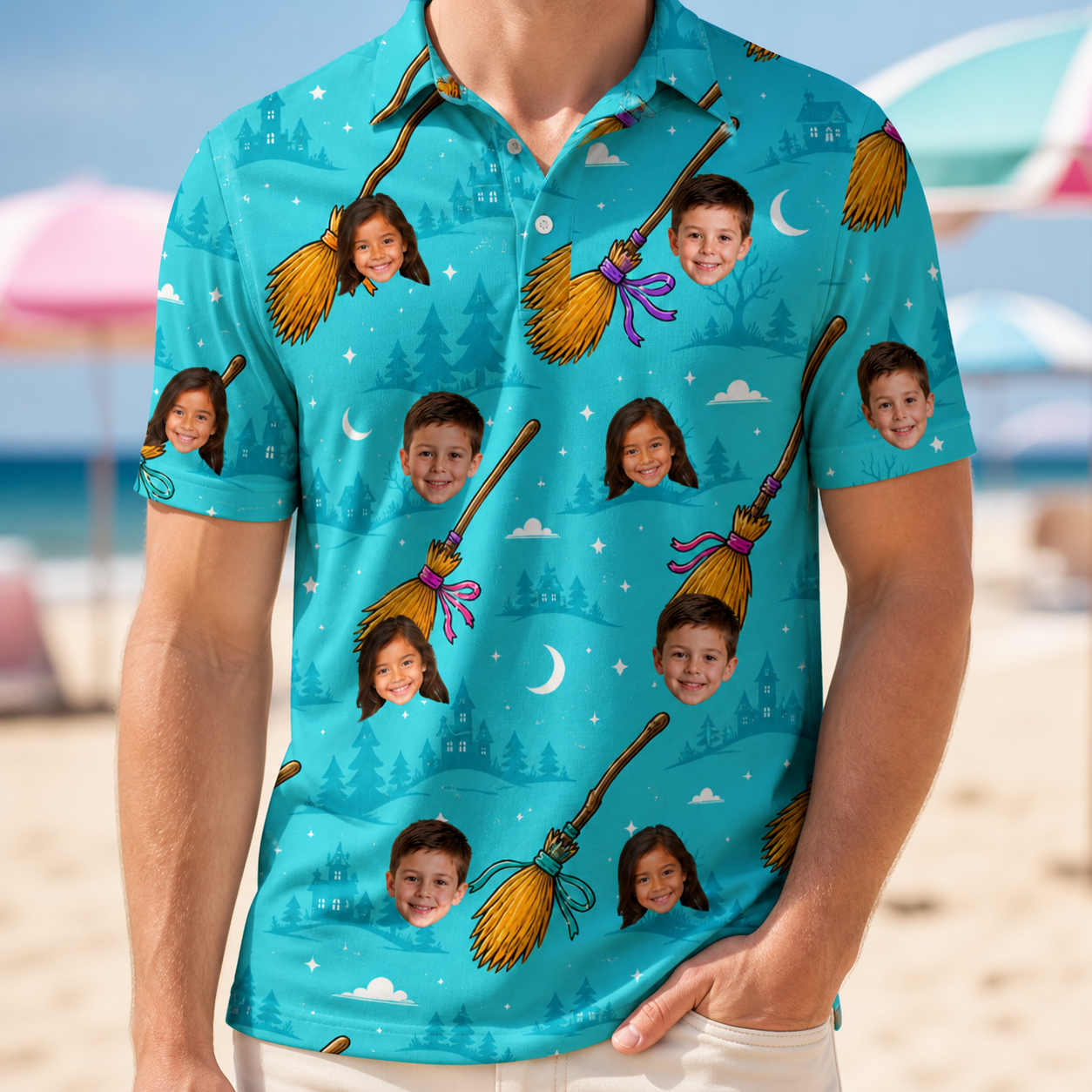 Model wearing Men's Broom Zoom Custom Face Polo Shirt printed with kids' faces