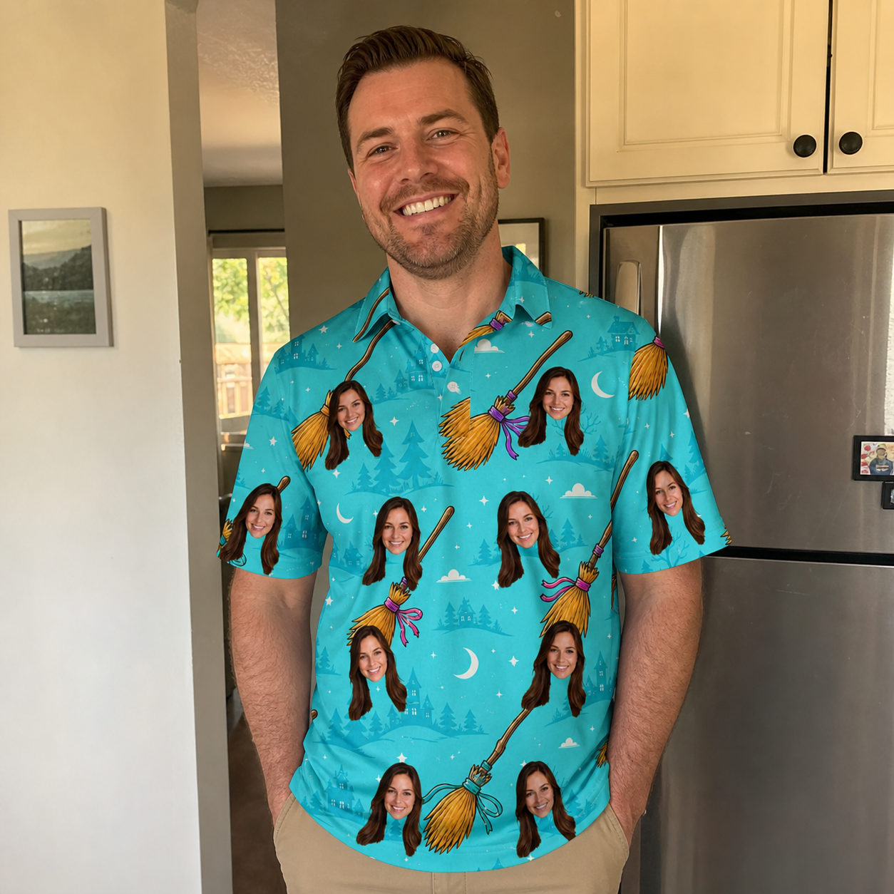 Real-life photo of someone wearing Men's Broom Zoom Custom Face Polo Shirt — custom faces printed all-over