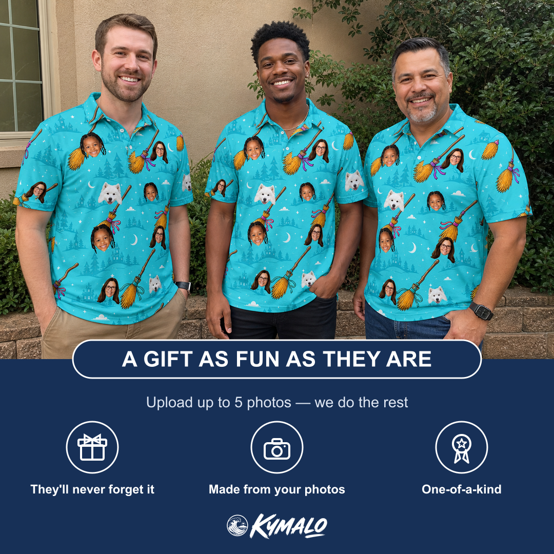 Friends in matching Men's Broom Zoom Custom Face Polo Shirt — a group gift photo