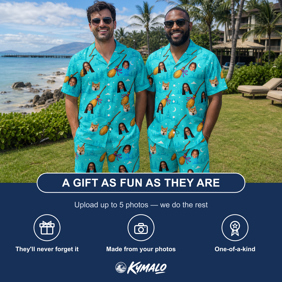 Friends in matching Men's Broom Zoom Custom Face Shirt & Shorts Set — a group gift photo