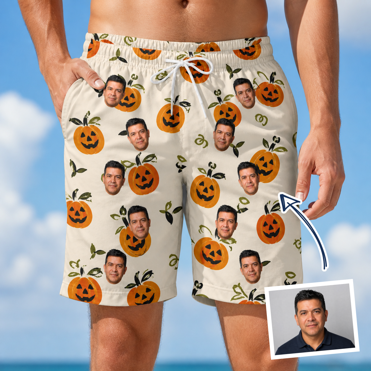 Man wearing Men's Carved Chuckles Custom Face Beach Shorts — custom faces printed all-over