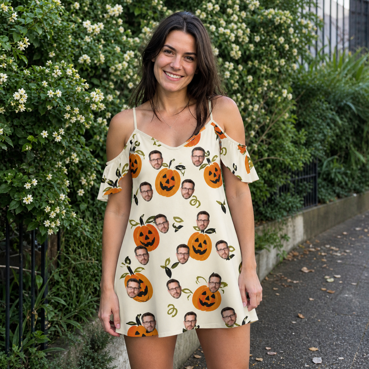 Real-life photo of someone wearing Women's Carved Chuckles Custom Face Off-Shoulder Dress — custom faces printed all-over
