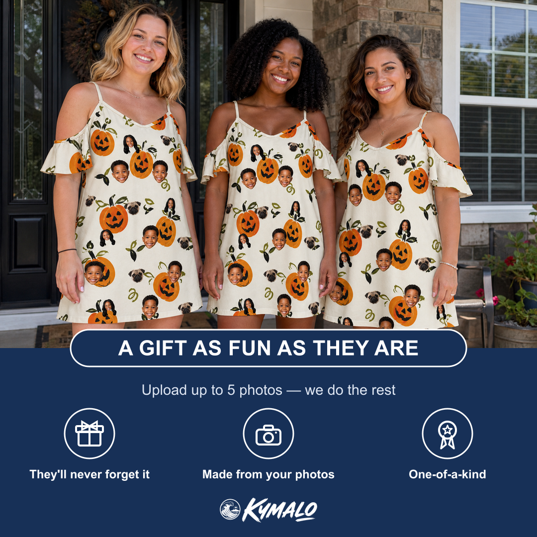 Friends in matching Women's Carved Chuckles Custom Face Off-Shoulder Dress — a group gift photo
