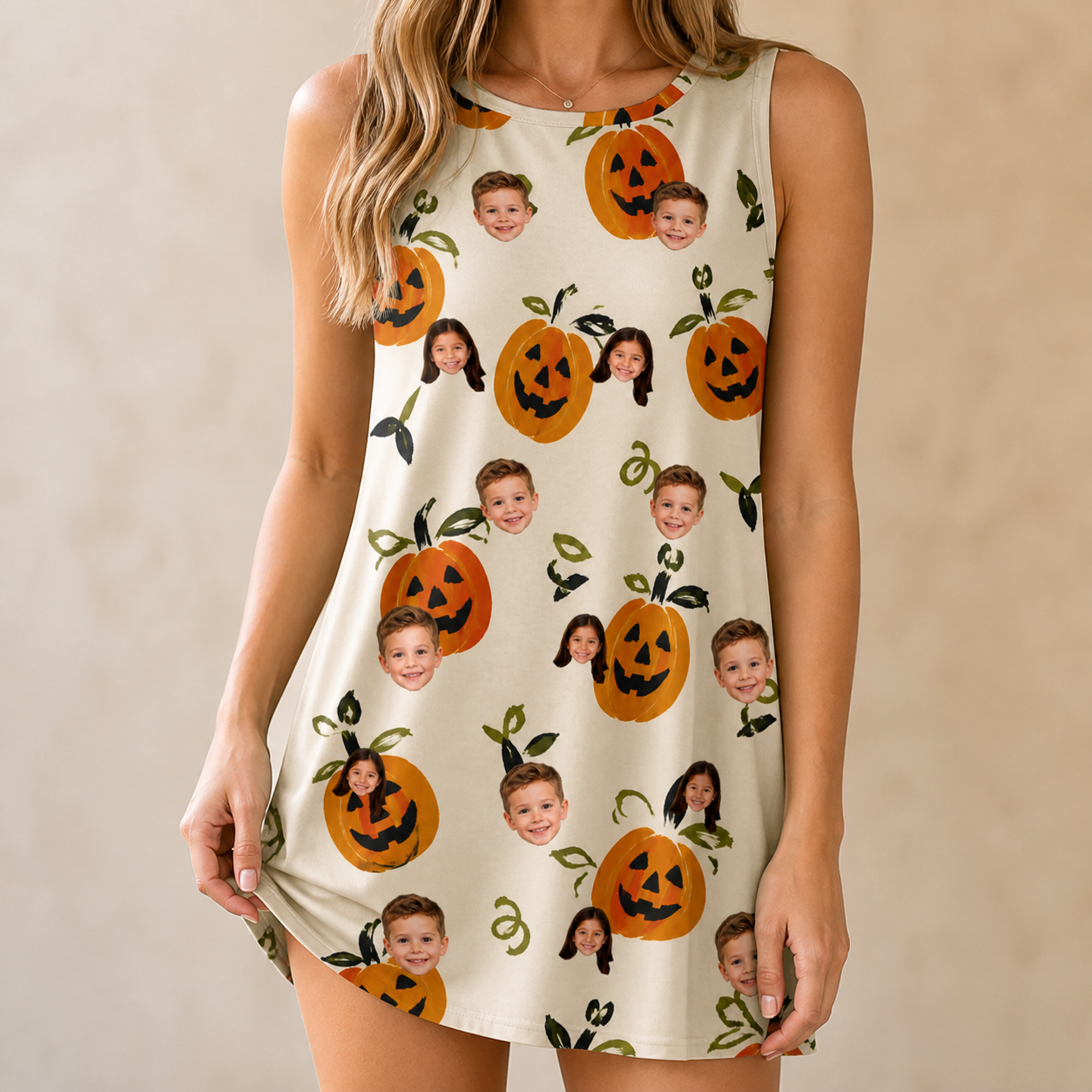 Model wearing Women's Carved Chuckles Custom Face Tank Dress printed with kids' faces