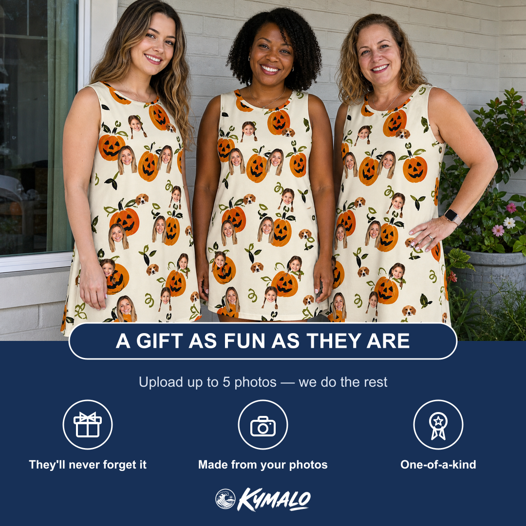 Friends in matching Women's Carved Chuckles Custom Face Tank Dress — a group gift photo