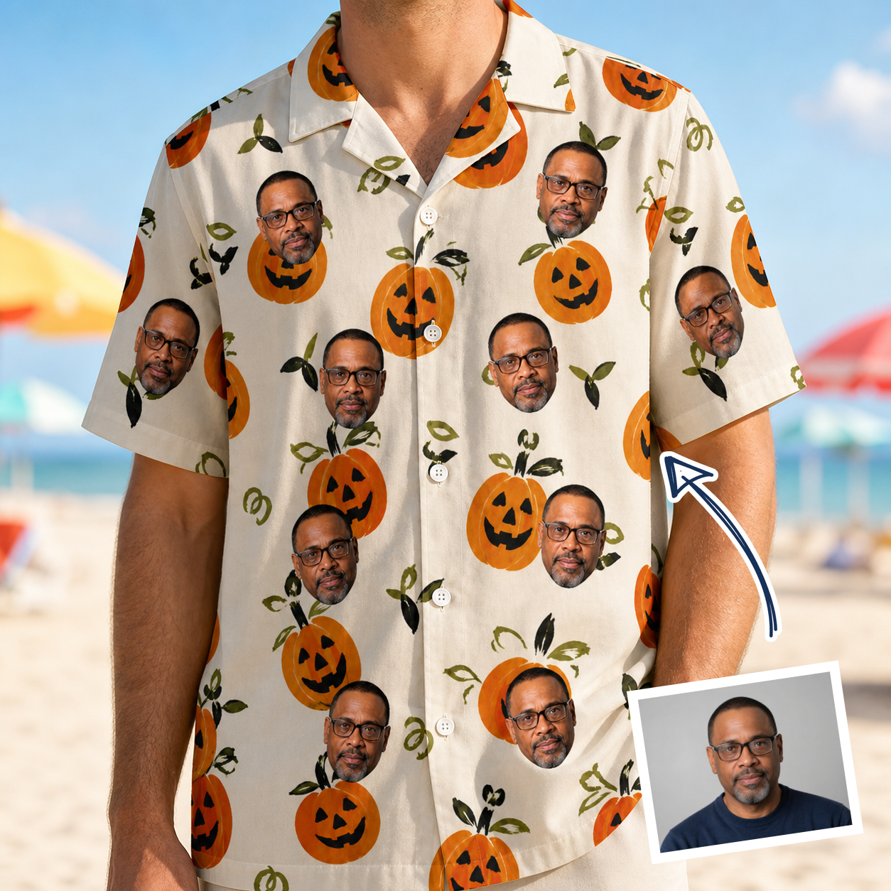 Man wearing Men's Carved Chuckles Custom Face Hawaiian Shirt — custom faces printed all-over