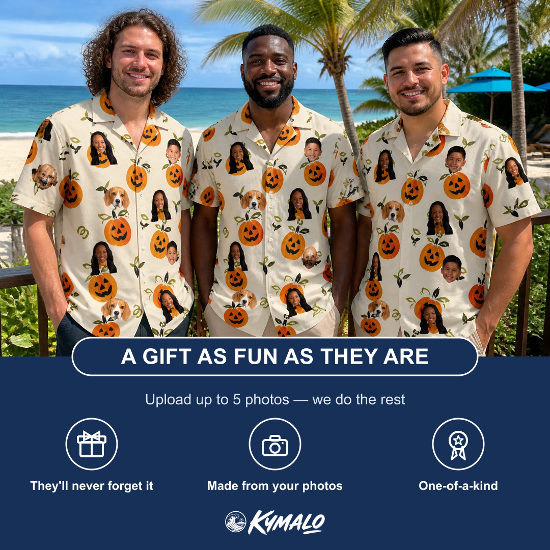 Friends in matching Men's Carved Chuckles Custom Face Hawaiian Shirt — a group gift photo