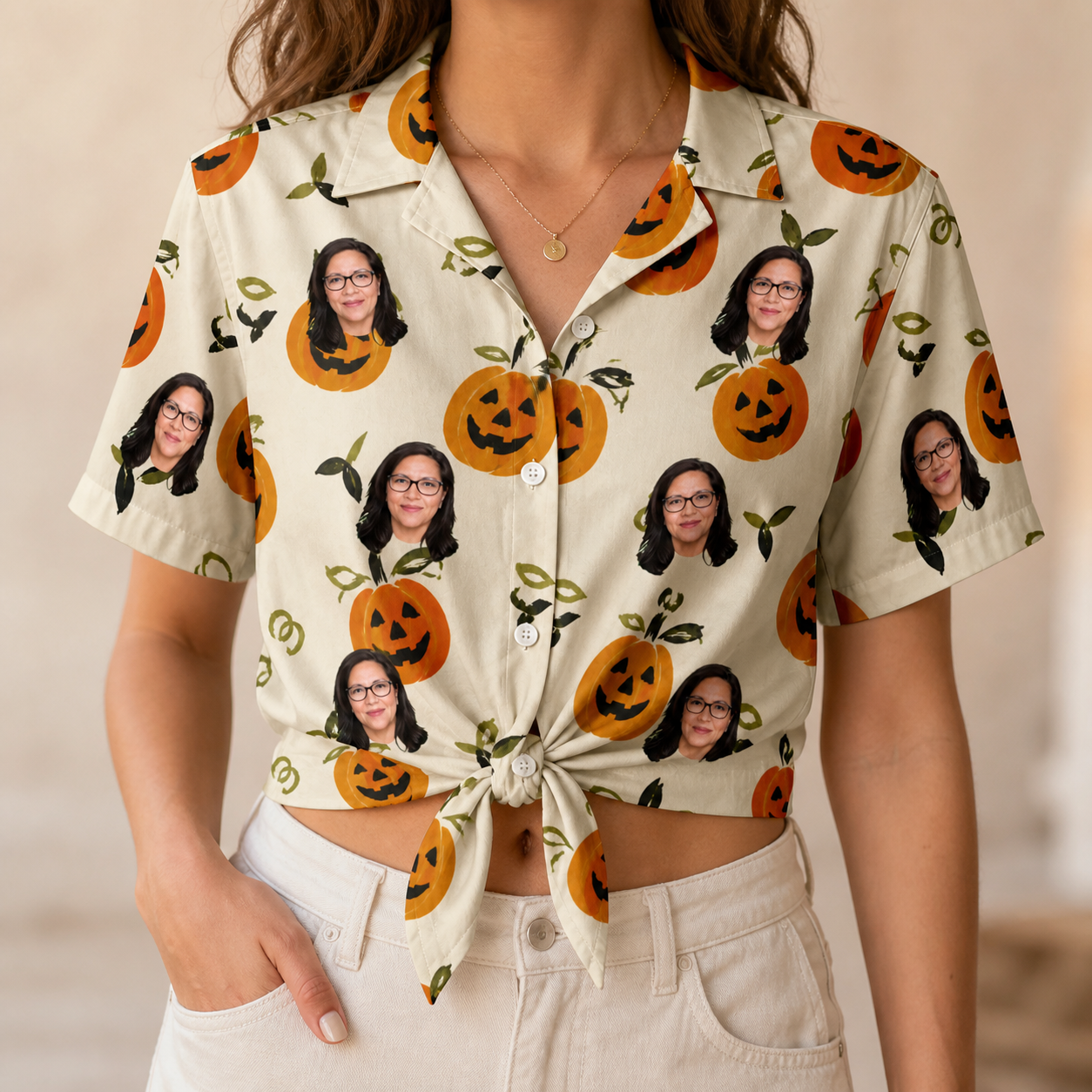 Woman wearing Women's Carved Chuckles Custom Face Hawaiian Shirt tied at the waist