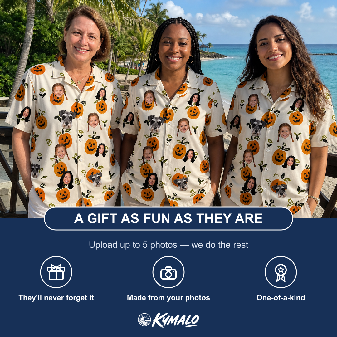 Friends in matching Women's Carved Chuckles Custom Face Hawaiian Shirt — a group gift photo