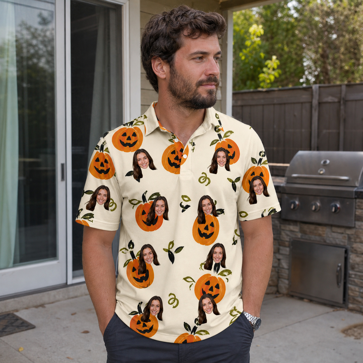 Real-life photo of someone wearing Men's Carved Chuckles Custom Face Polo Shirt — custom faces printed all-over