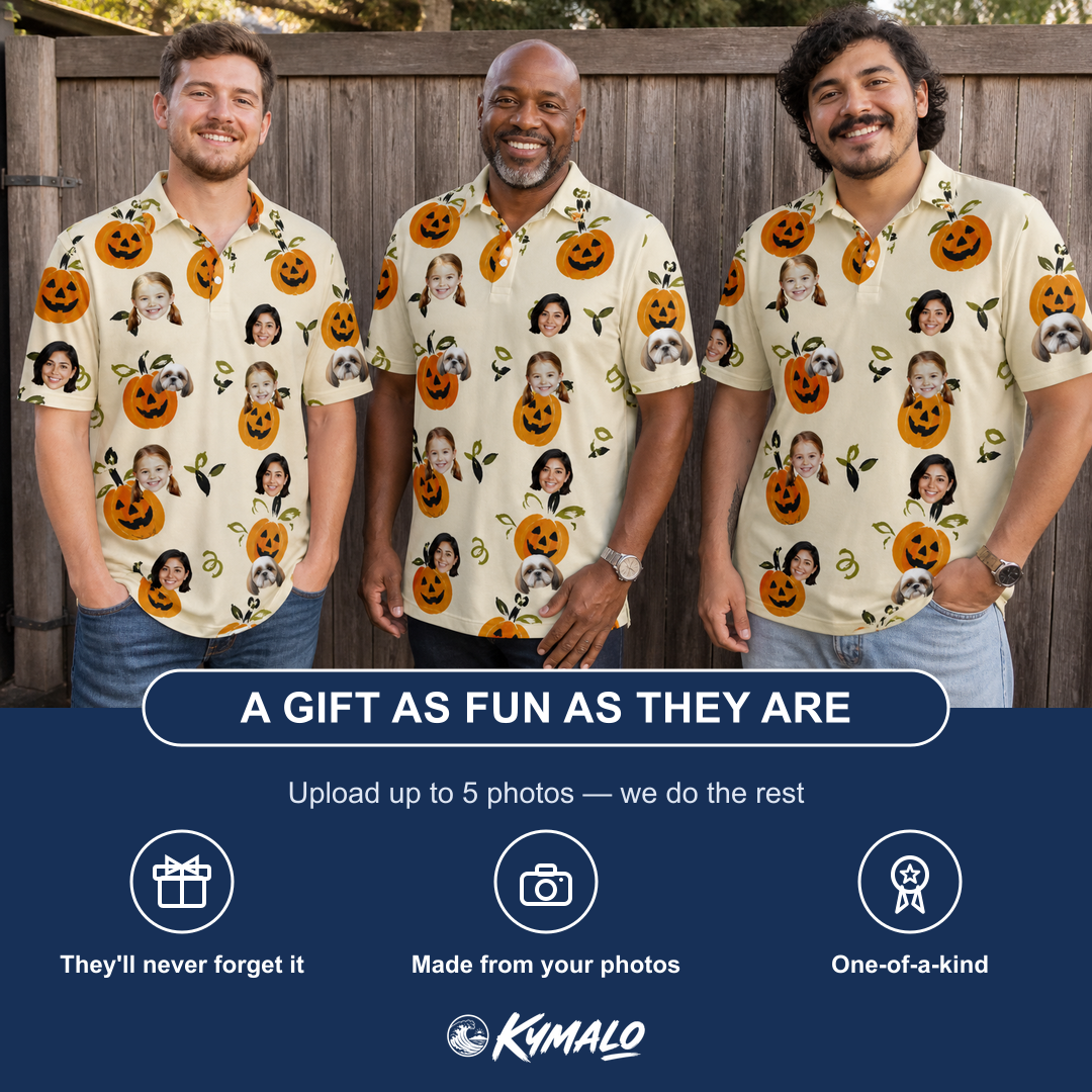 Friends in matching Men's Carved Chuckles Custom Face Polo Shirt — a group gift photo