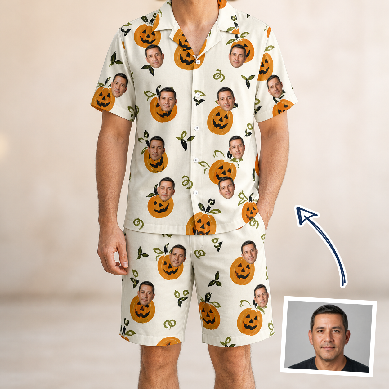Man wearing Men's Carved Chuckles Custom Face Shirt & Shorts Set — custom faces printed all-over
