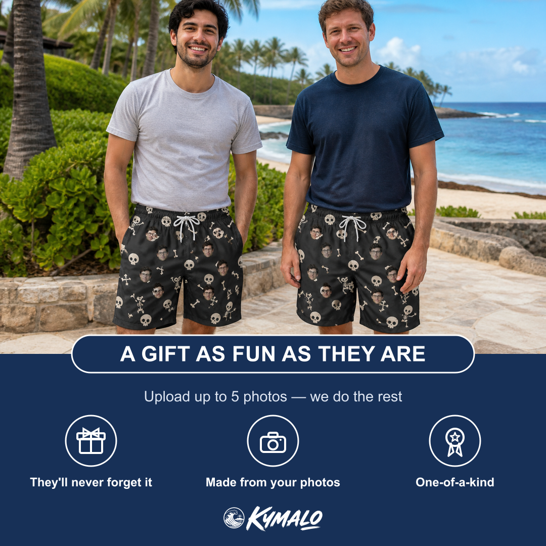 Friends in matching Men's Rattle Rascals Custom Face Beach Shorts — a group gift photo