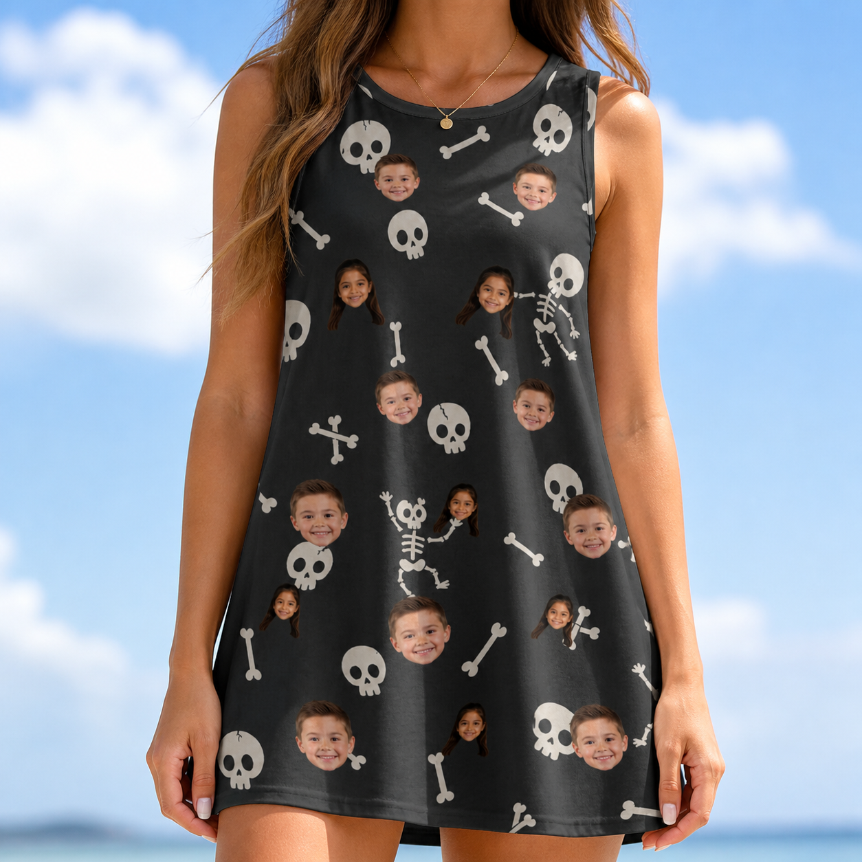 Model wearing Women's Rattle Rascals Custom Face Tank Dress printed with kids' faces