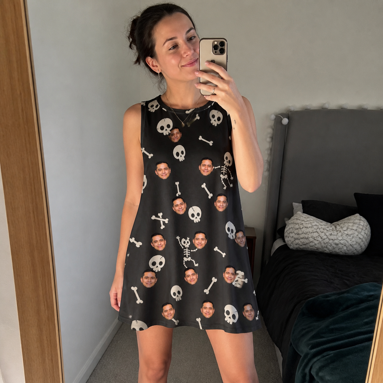 Real-life photo of someone wearing Women's Rattle Rascals Custom Face Tank Dress — custom faces printed all-over